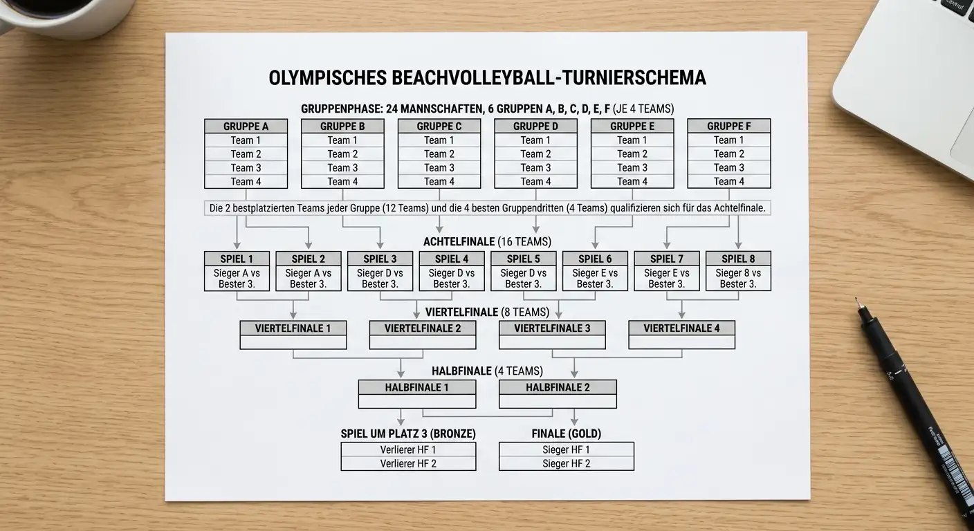 Schematische Darstellung des olympischen Beachvolleyball-Turnierformats mit Gruppenphase und K.-o.-Runde
