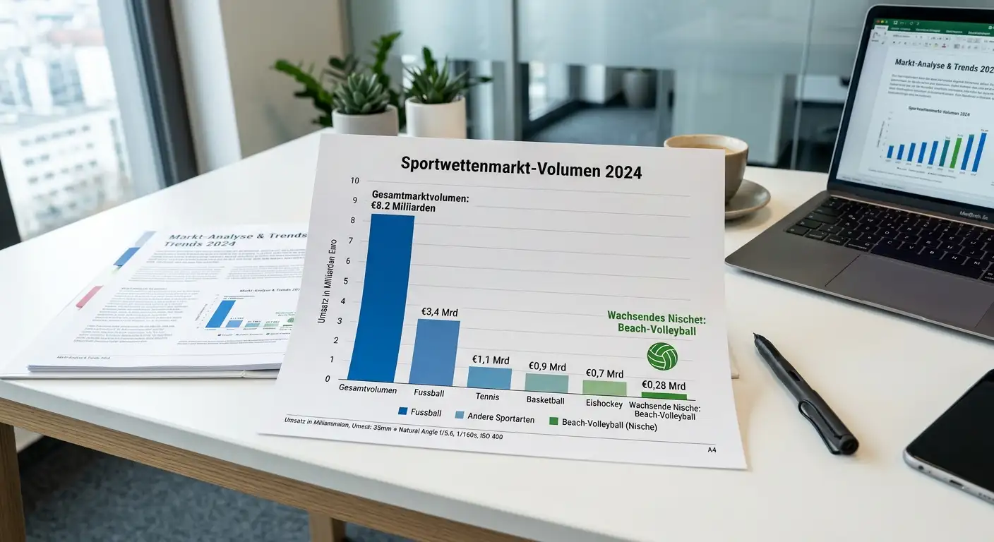 Grafische Darstellung des deutschen Sportwetten-Marktvolumens 2024 — Beachvolleyball als wachsende Nebensportart im GGL-regulierten Wettsegment