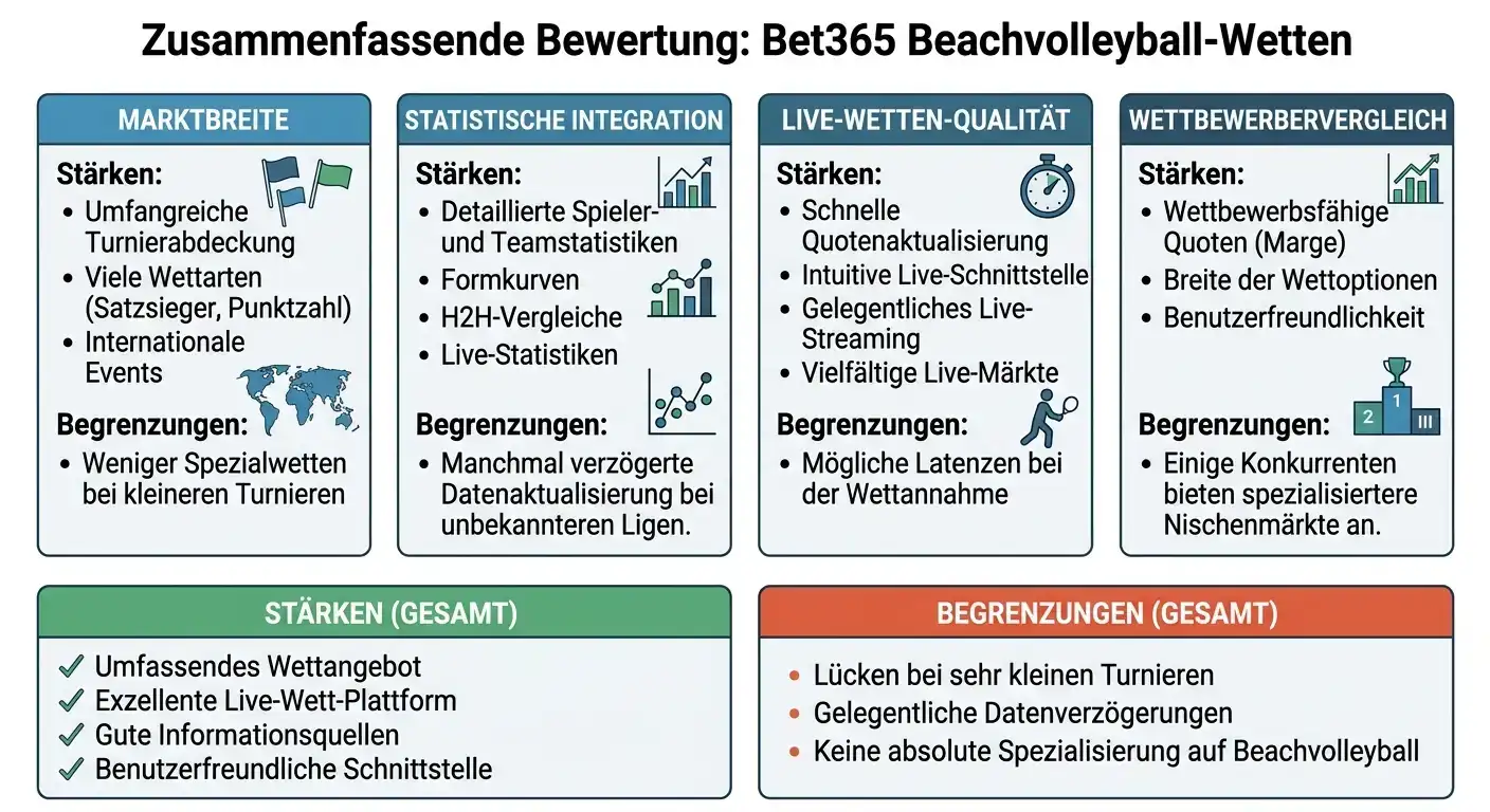 Bet365 Gesamtbewertung für Beachvolleyball-Sportwetten in Deutschland mit Stärken und Einschränkungen
