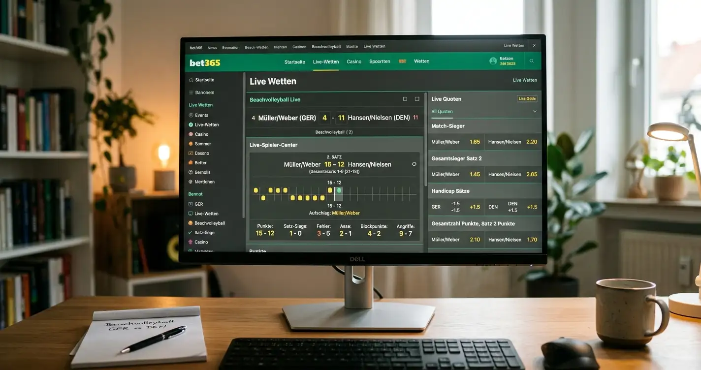 Bet365 Beachvolleyball-Wetten mit In-Play-Märkten Statistikfunktionen und Live-Quoten für deutsche Sportwetter