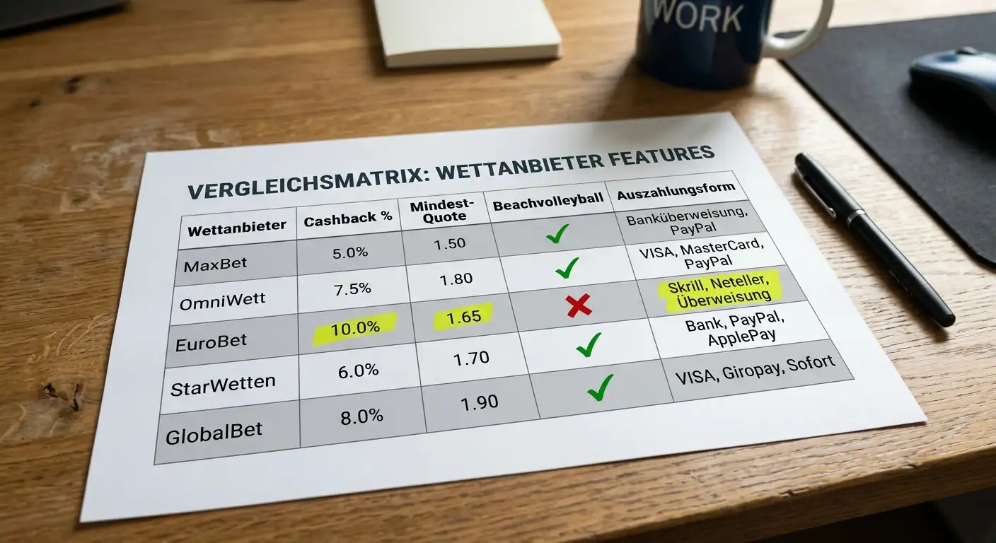 Vergleich von Cashback-Promotionen bei GGL-lizenzierten deutschen Sportwettenanbietern für Beachvolleyball