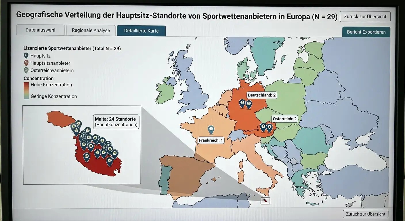 Firmensitze der 29 GGL-lizenzierten Sportwettenanbieter — 24 in Malta, 2 in Deutschland, 2 in Österreich, 1 in Frankreich
