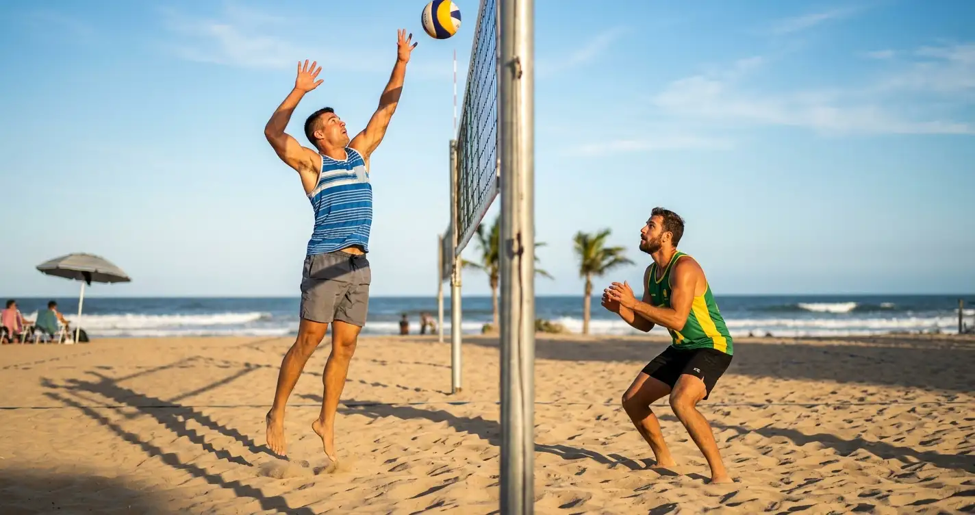 Zwei Beachvolleyball-Spieler im Einsatz am Strand — beachvolleyball wetten bonus und Sportwetten-Ratgeber 2026 für deutsche Wetter