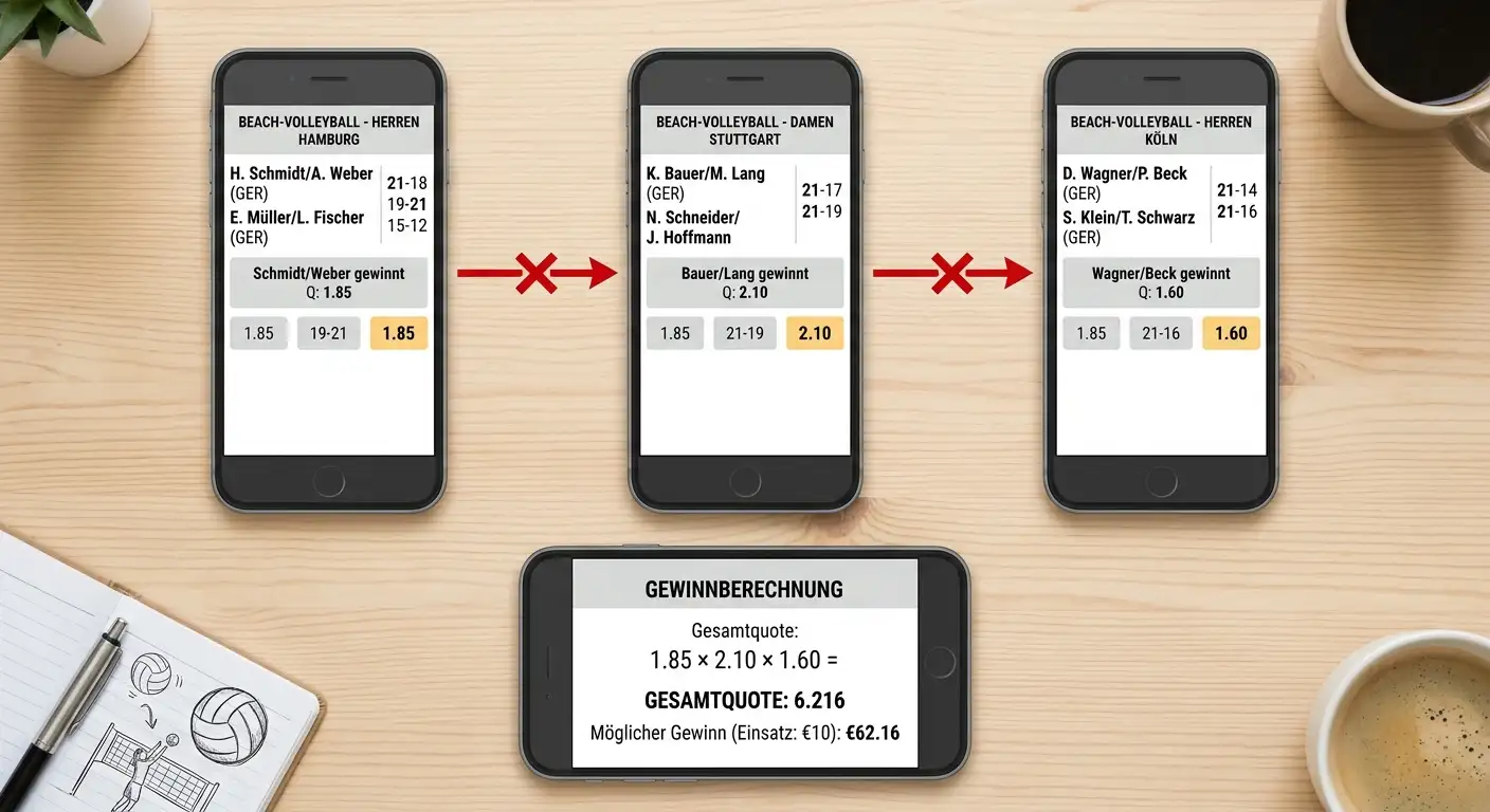 Kombiwette Beachvolleyball erklärt: Akkumulator mit multiplizierten Quoten für Beachvolleyball-Matches