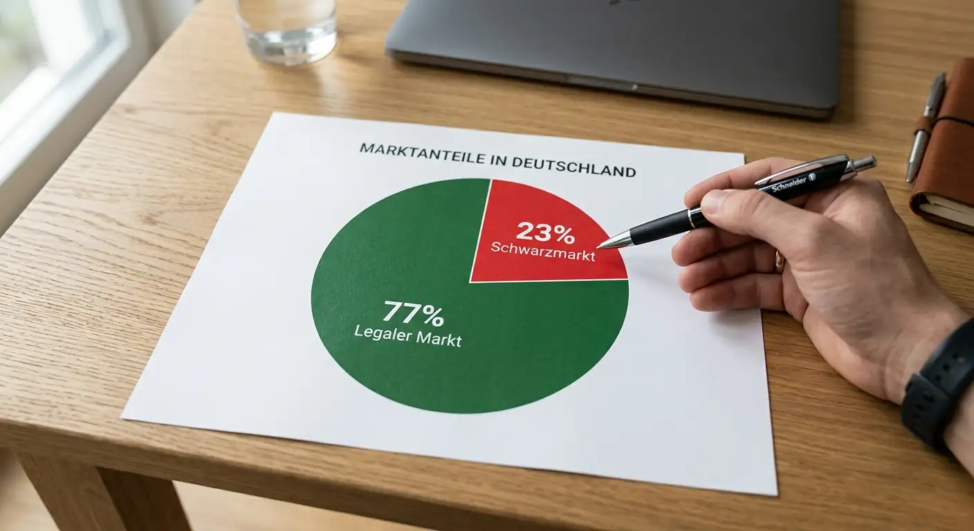 Diagramm zur Marktgröße illegaler Sportwetten in Deutschland mit 22,97% Schwarzmarktanteil