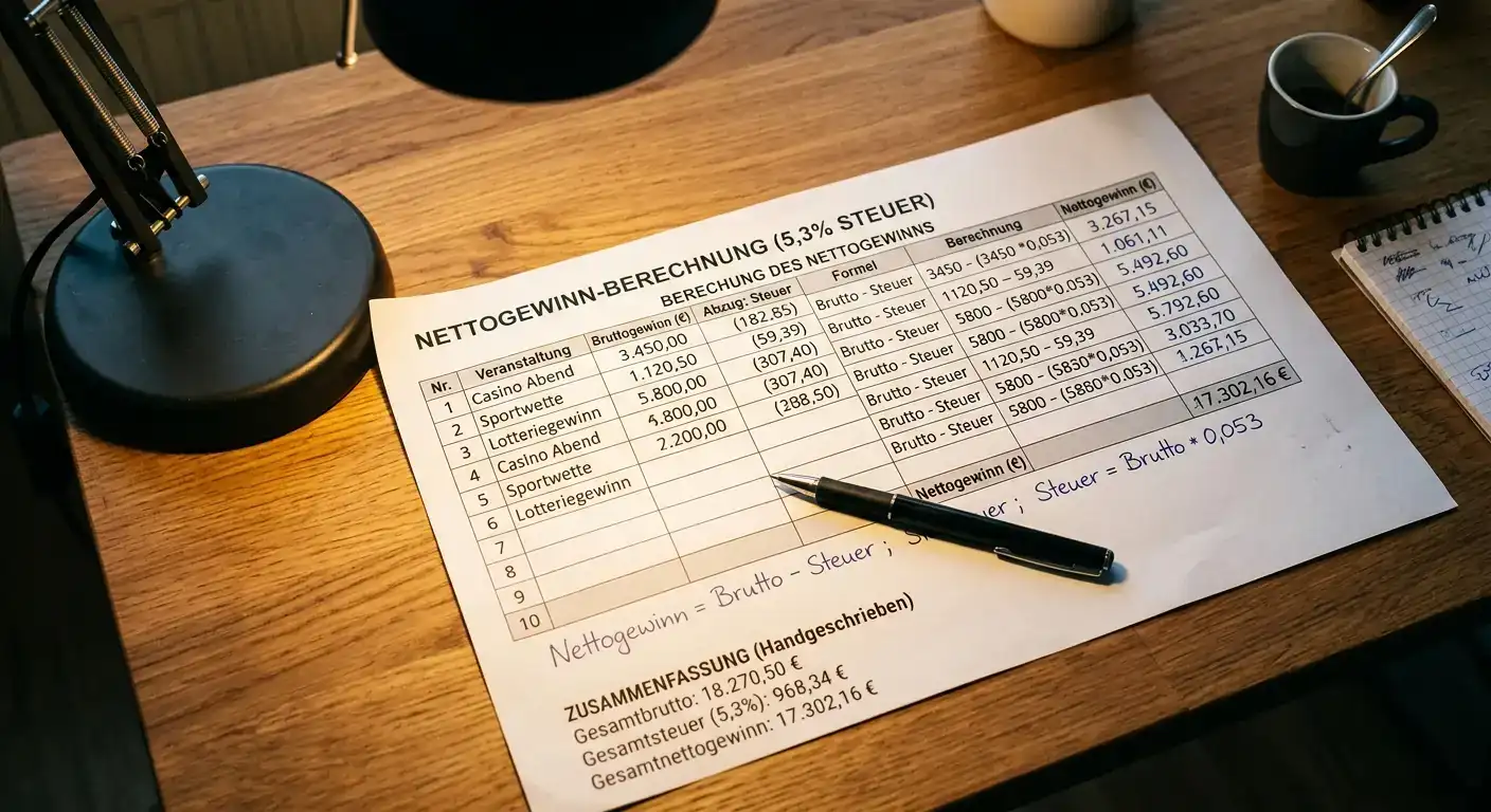 Nettogewinn berechnen nach Sportwettsteuer und Bonusabzug — Rechenbeispiel für deutsche Sportwetter